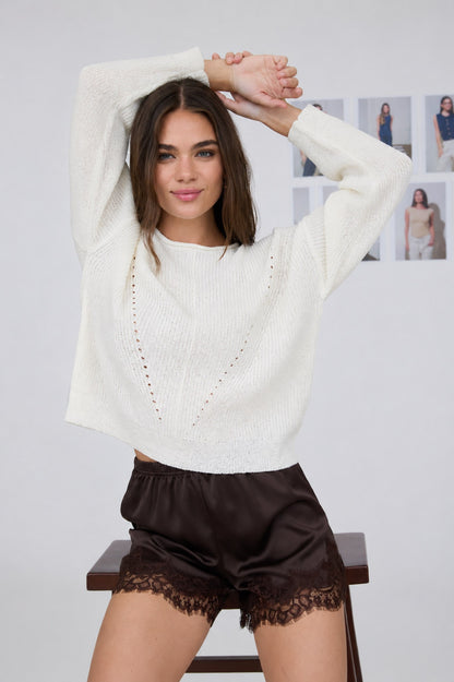 Blu Pepper Pointelle V Stitch Rolled Edge Knit Sweater_Cream