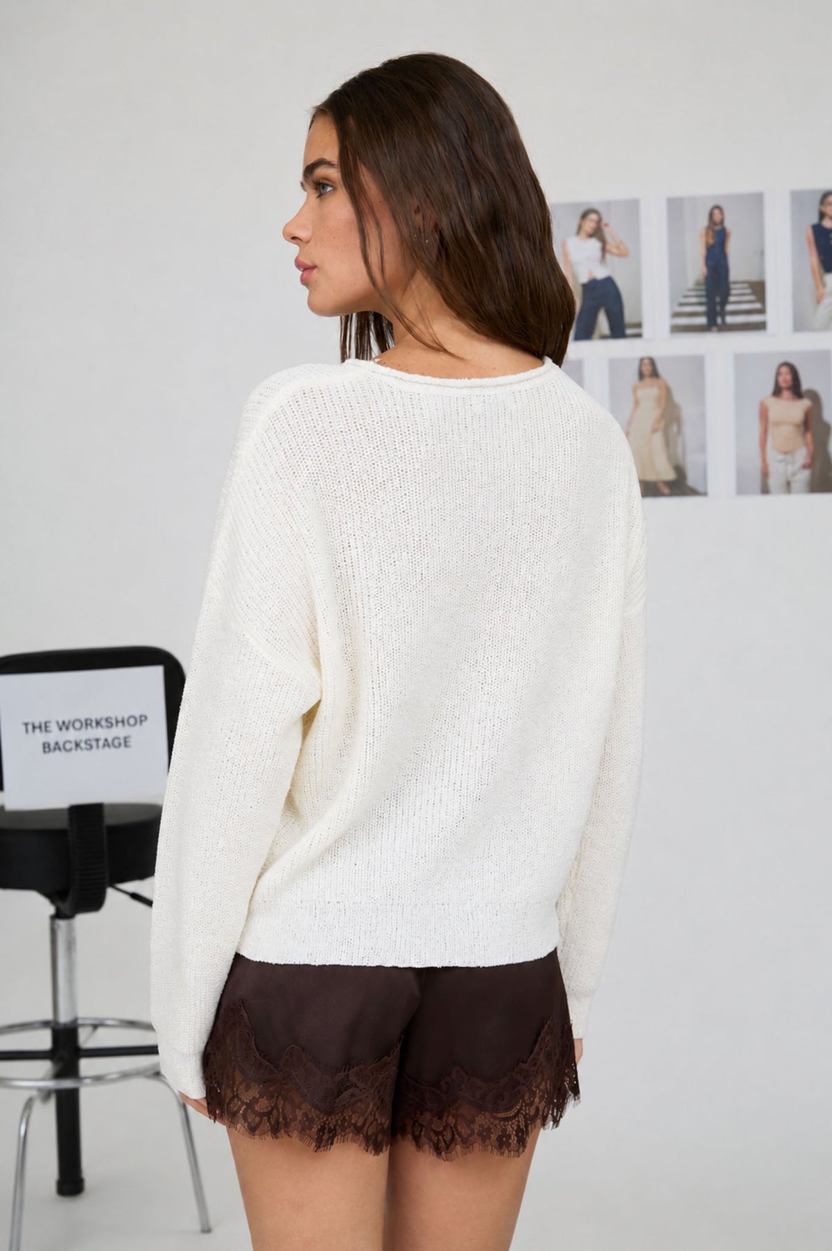 Blu Pepper Pointelle V Stitch Rolled Edge Knit Sweater_Cream