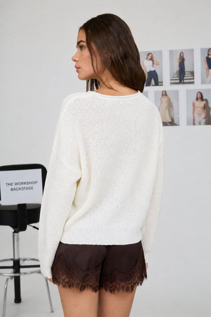 Blu Pepper Pointelle V Stitch Rolled Edge Knit Sweater_Cream