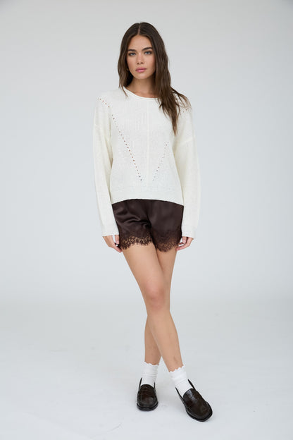 Blu Pepper Pointelle V Stitch Rolled Edge Knit Sweater_Cream