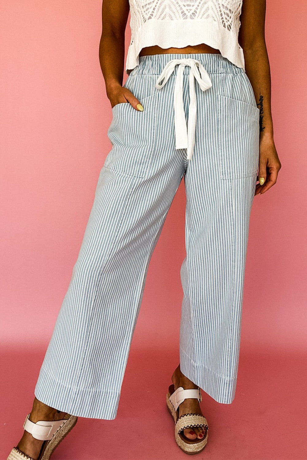 Aaparella Sky Blue Stripe Mid Rise Drawstring Waist Jeans