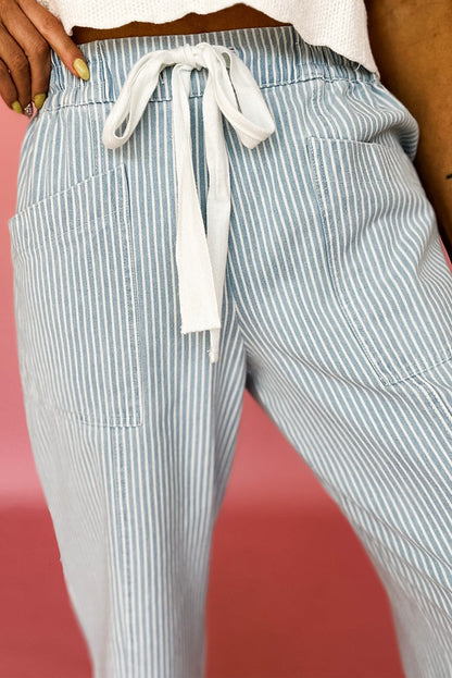 Aaparella Sky Blue Stripe Mid Rise Drawstring Waist Jeans