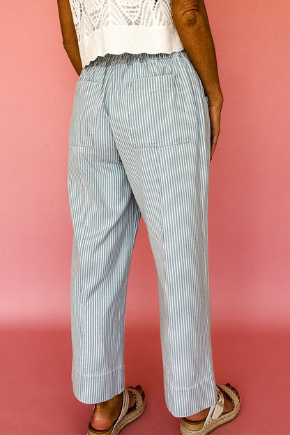 Aaparella Sky Blue Stripe Mid Rise Drawstring Waist Jeans