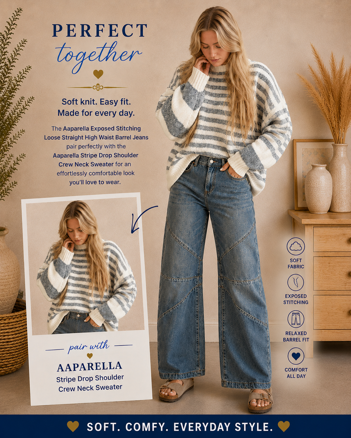 Aaparella Exposed Stitching Loose Straight High Waist Barrel Jeans