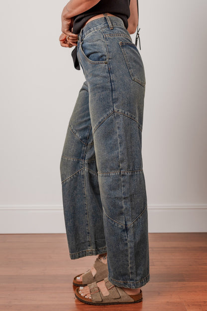 Aaparella Exposed Stitching Loose Straight High Waist Barrel Jeans