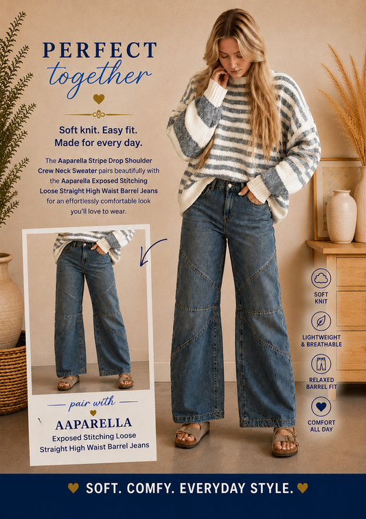 Aaparella Stripe Drop Shoulder Crew Neck Sweater