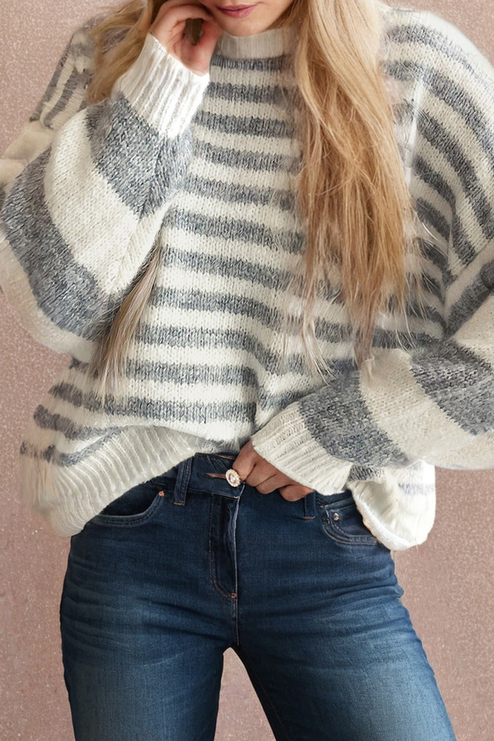 Aaparella Stripe Drop Shoulder Crew Neck Sweater