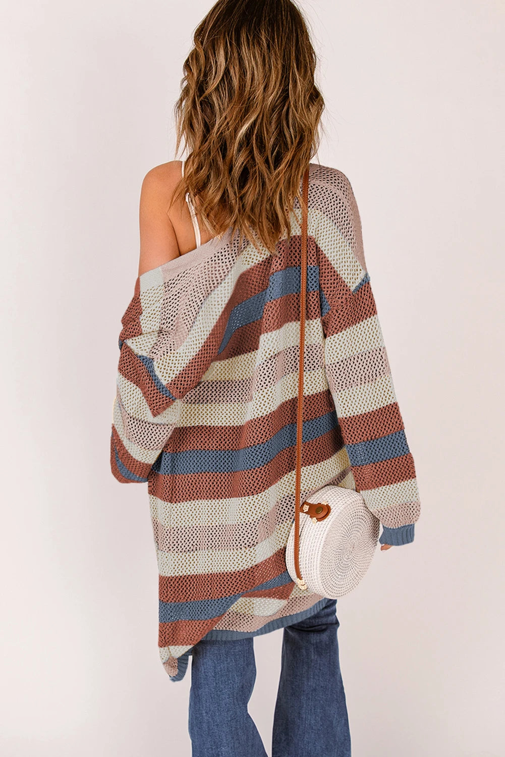 Aaparella Blue Striped Color Block Hollowed Knit Cardigan