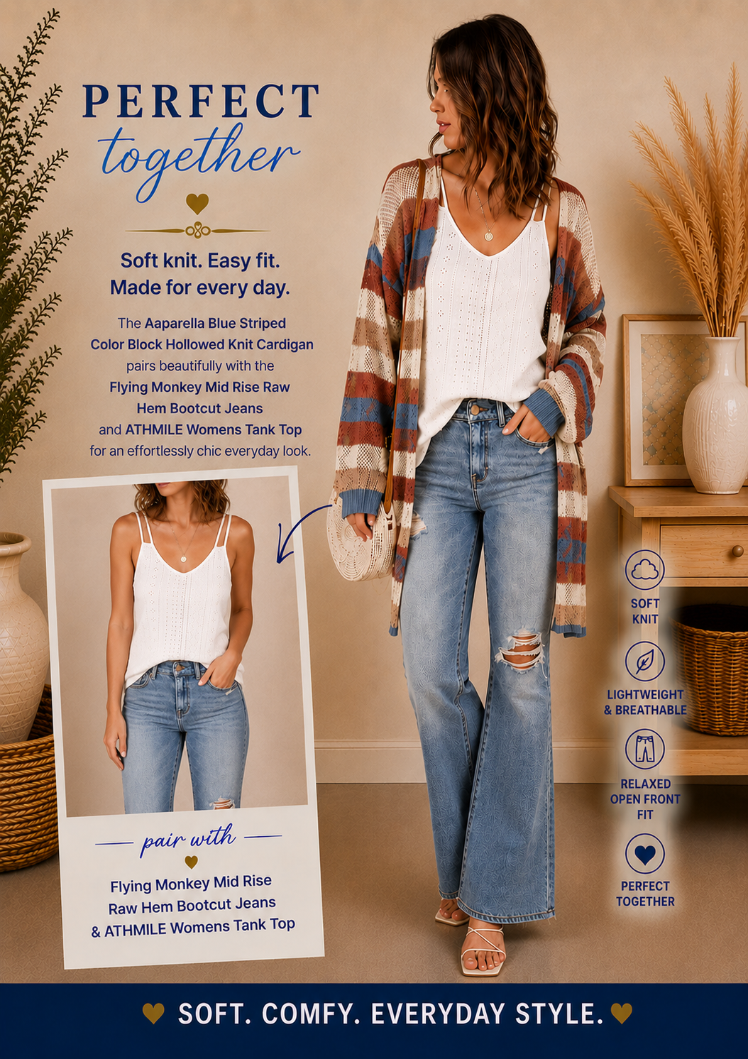 Aaparella Blue Striped Color Block Hollowed Knit Cardigan
