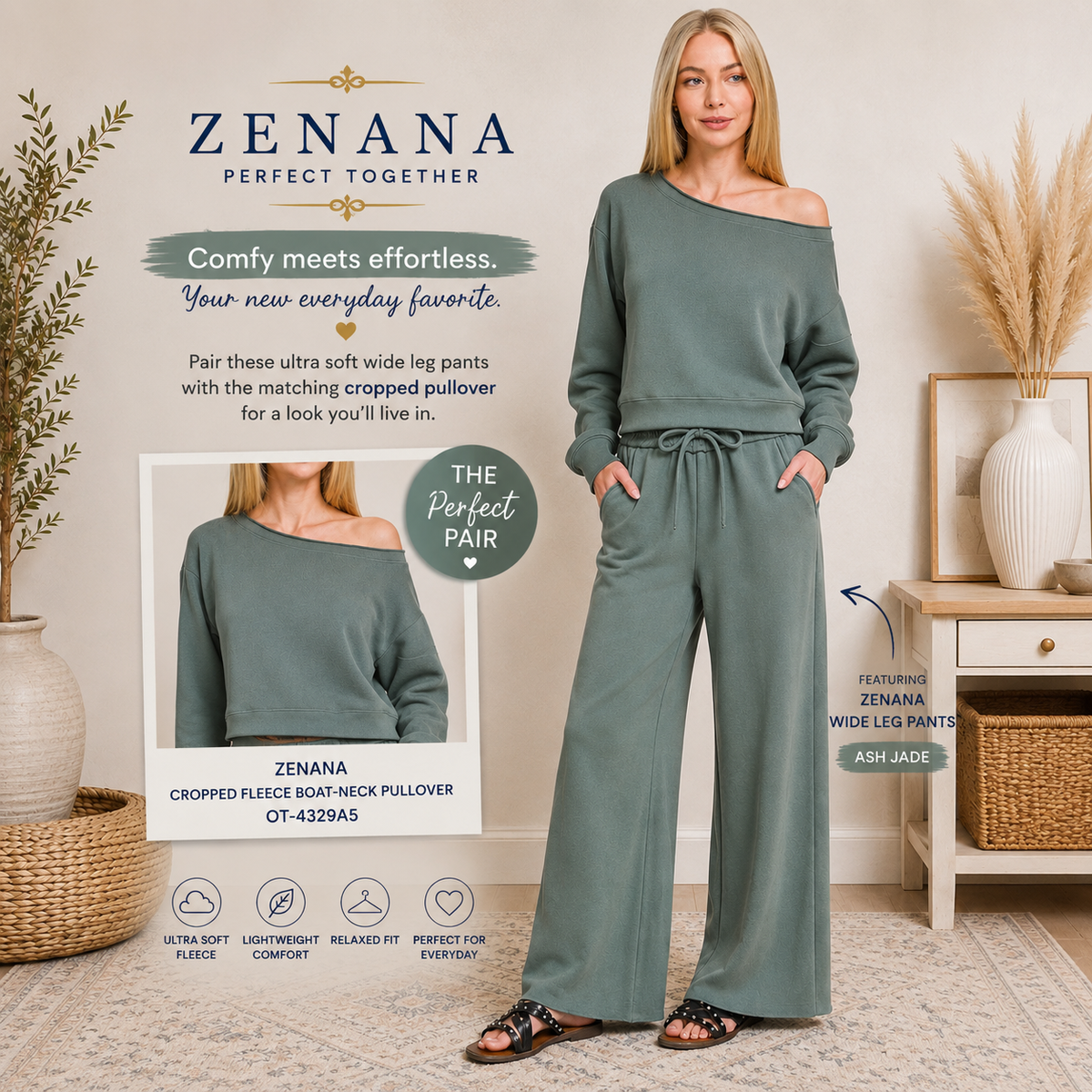 Zenana Fleece Exposed Seam Wide Leg Sweatpants 4327Y