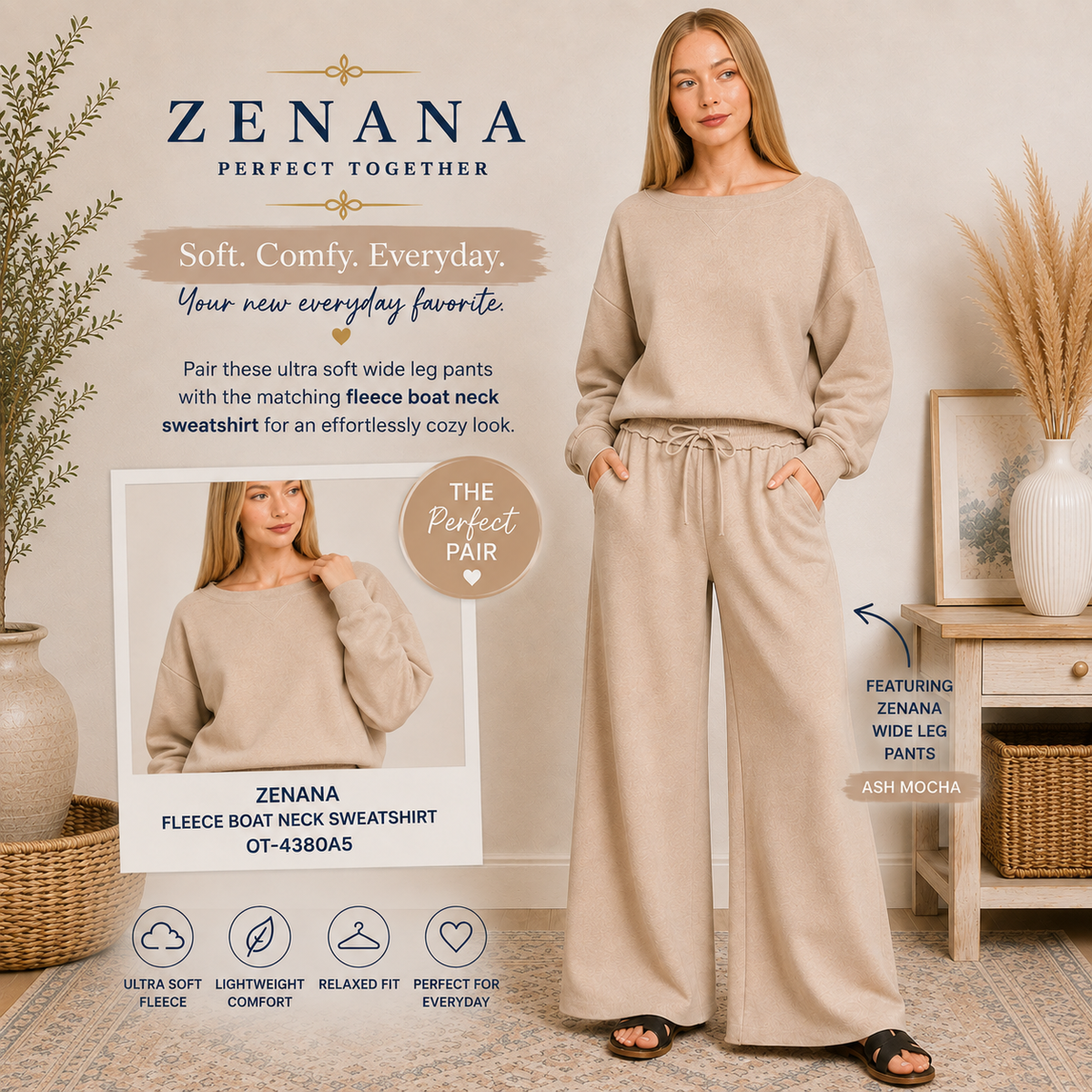 Zenana Fleece Exposed Seam Wide Leg Sweatpants 4327Y