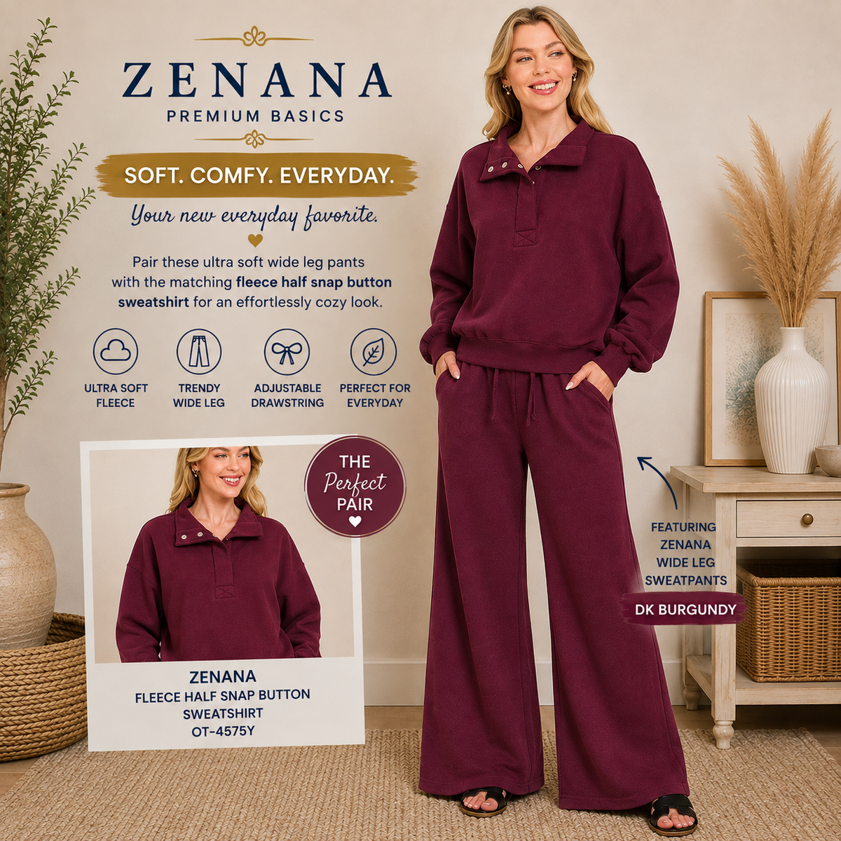 Zenana Fleece Exposed Seam Wide Leg Sweatpants 4327Y