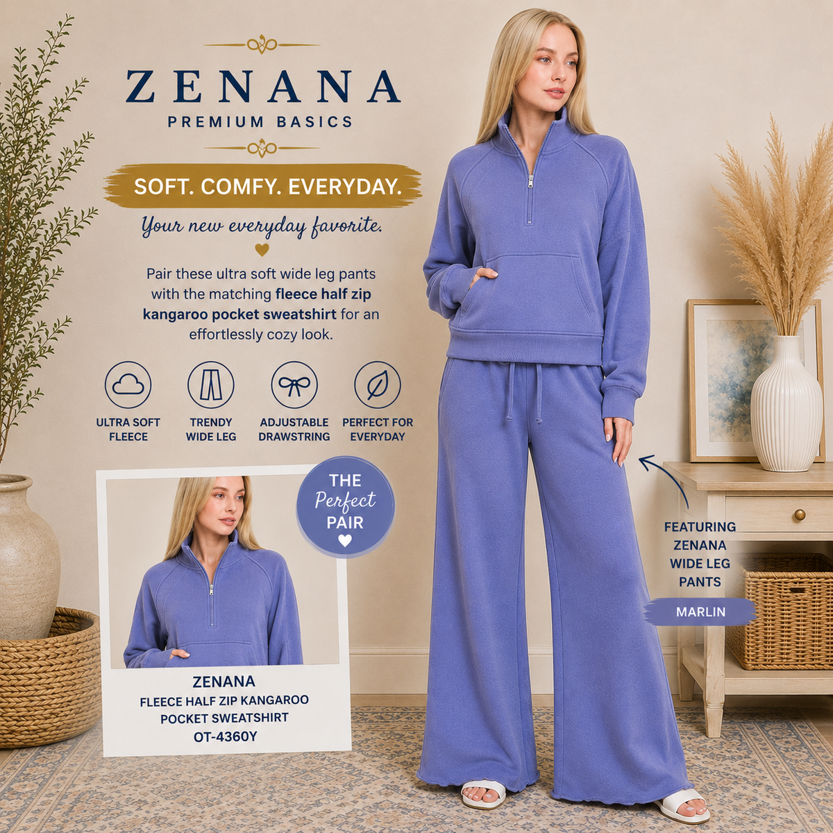 Zenana Fleece Exposed Seam Wide Leg Sweatpants 4327Y