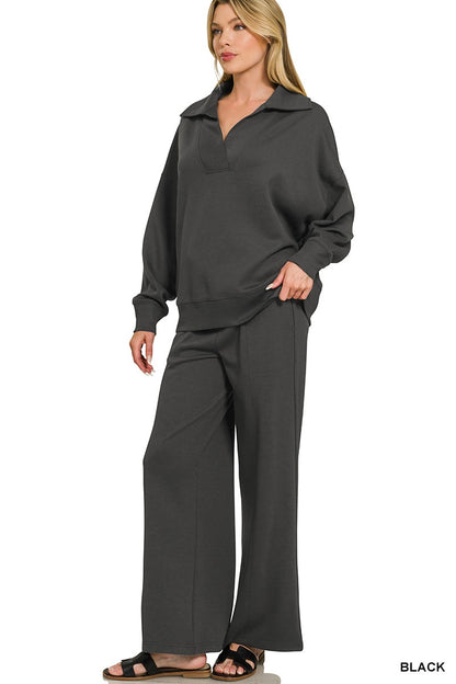 Zenana Scuba Collared Pullover & Center Seam Pants Set 4096