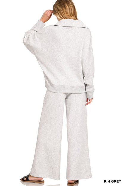 Zenana Scuba Collared Pullover & Center Seam Pants Set 4096