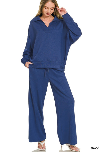 Zenana Scuba Collared Pullover & Center Seam Pants Set 4096