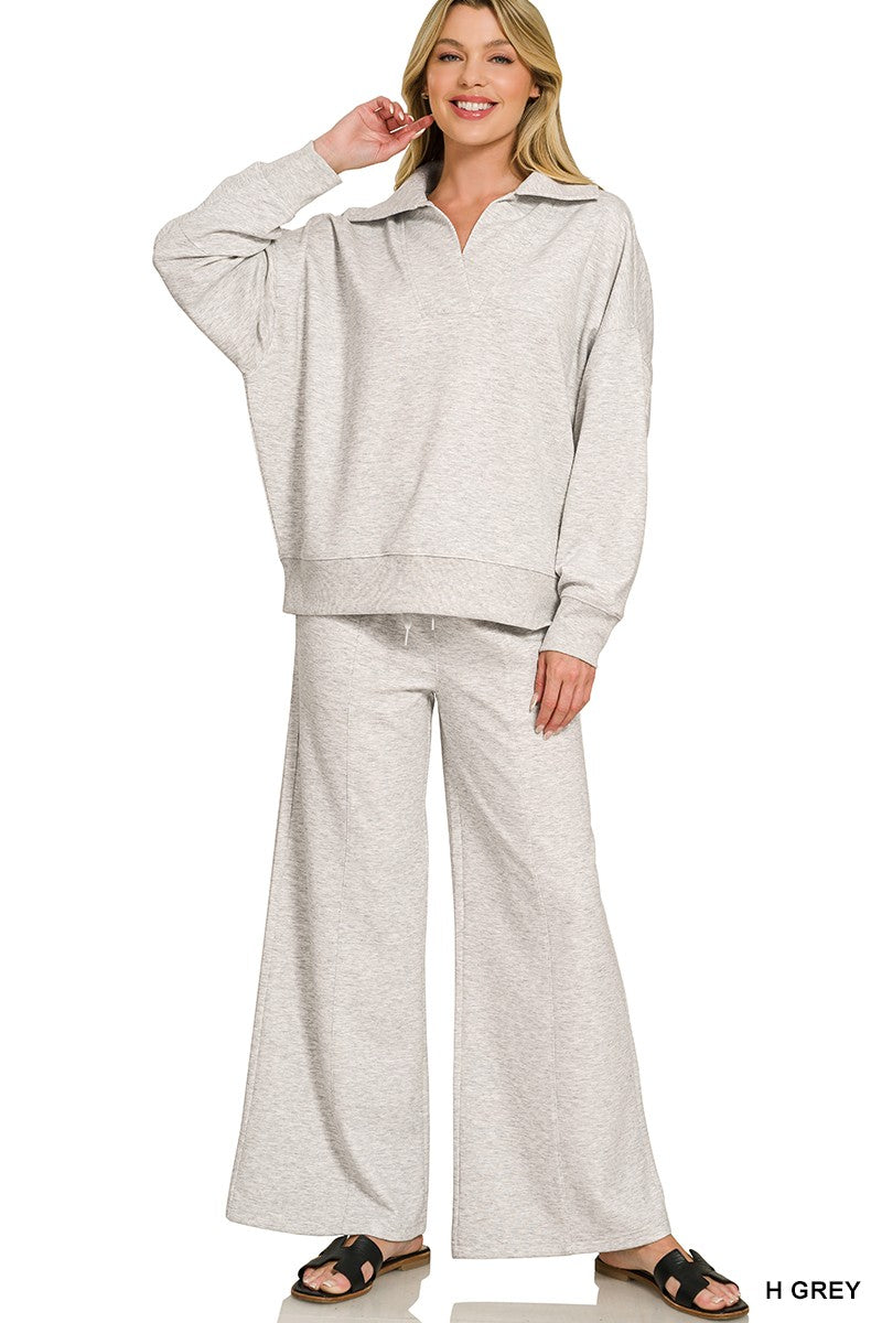 Zenana Scuba Collared Pullover & Center Seam Pants Set 4096