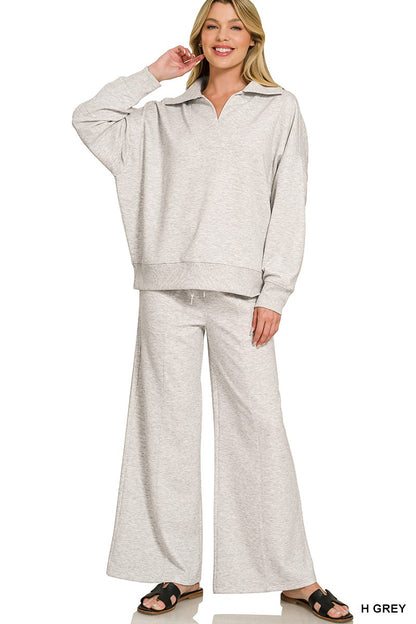 Zenana Scuba Collared Pullover & Center Seam Pants Set 4096