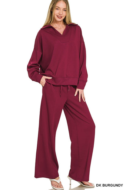 Zenana Scuba Collared Pullover & Center Seam Pants Set 4096