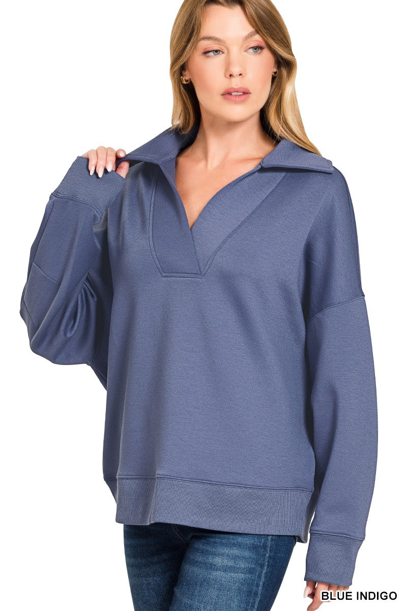 Zenana Scuba Collared Pullover & Center Seam Pants Set 4096