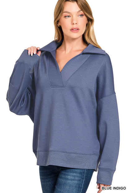 Zenana Scuba Collared Pullover & Center Seam Pants Set 4096