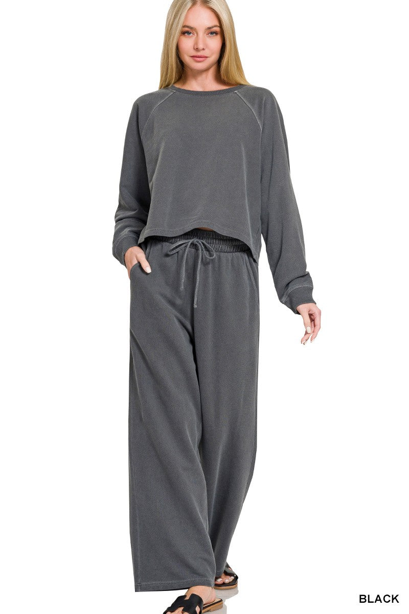 Zenana  Washed French Terry Round Neck Pullover & Pants Set Black