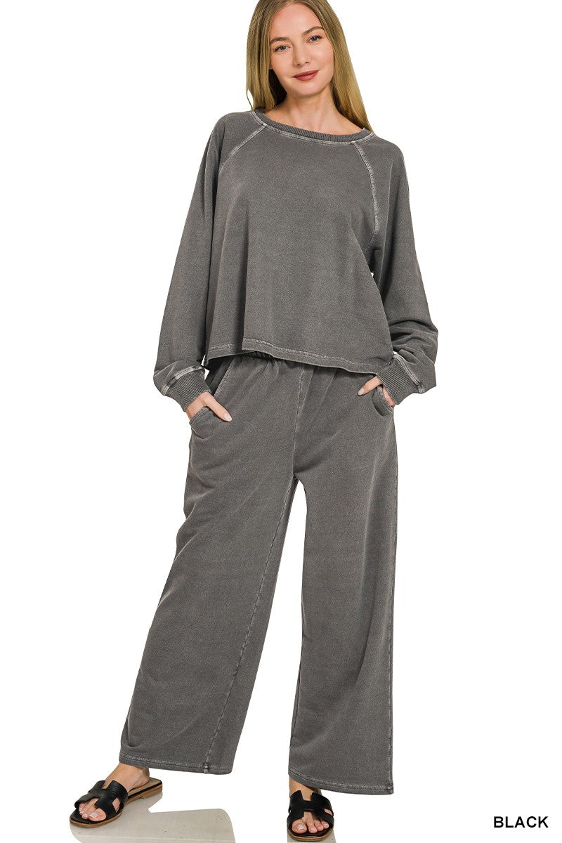Zenana  Washed French Terry Round Neck Pullover & Pants Set Black