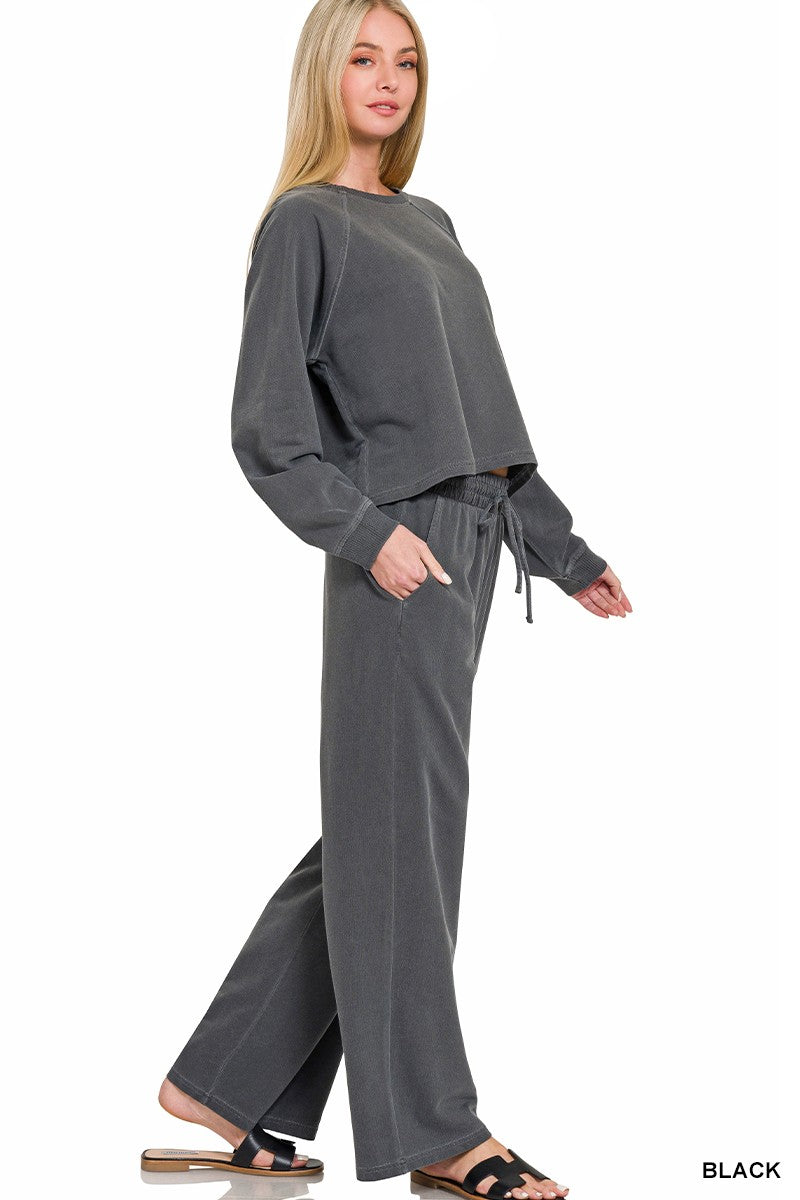 Zenana  Washed French Terry Round Neck Pullover & Pants Set Black