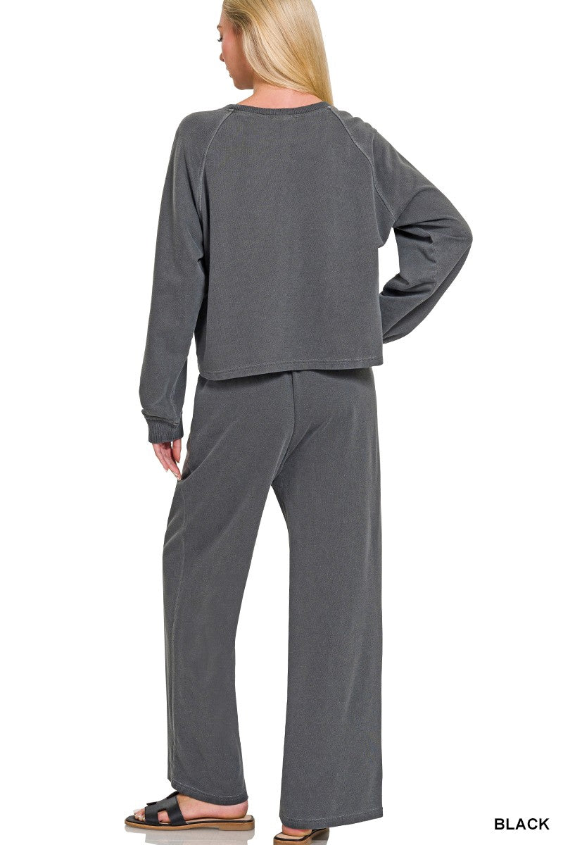 Zenana  Washed French Terry Round Neck Pullover & Pants Set Black