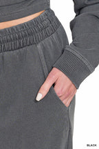 Zenana  Washed French Terry Round Neck Pullover & Pants Set Black