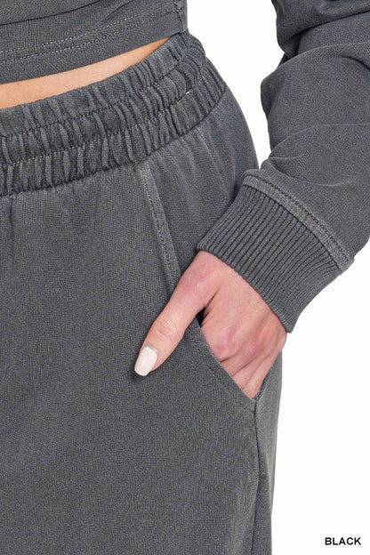 Zenana  Washed French Terry Round Neck Pullover & Pants Set 5301