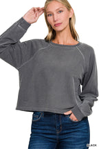 Zenana  Washed French Terry Round Neck Pullover & Pants Set Black