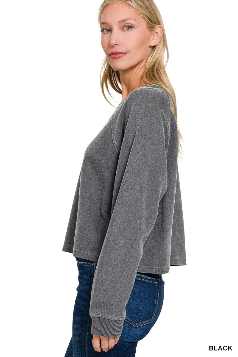 Zenana  Washed French Terry Round Neck Pullover & Pants Set Black