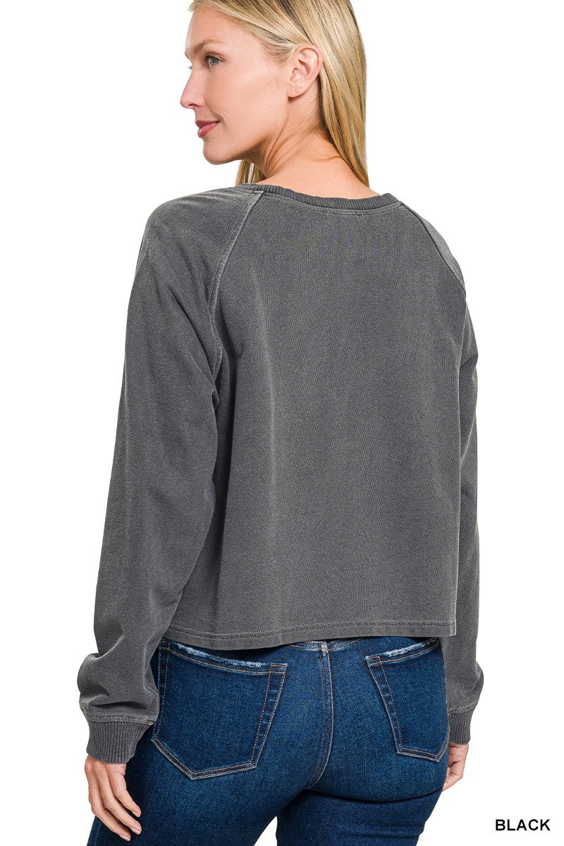 Zenana  Washed French Terry Round Neck Pullover & Pants Set Black