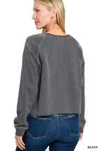 Zenana  Washed French Terry Round Neck Pullover & Pants Set Black