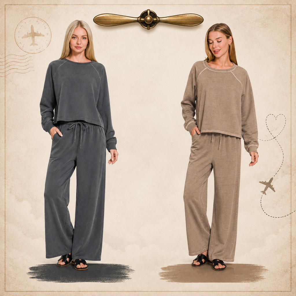 Zenana  Washed French Terry Round Neck Pullover & Pants Set Black
