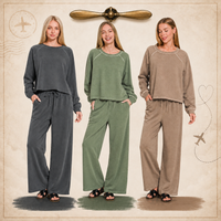 Zenana  Washed French Terry Round Neck Pullover & Pants Set 5301