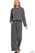Zenana  Washed French Terry Round Neck Pullover & Pants Set Black