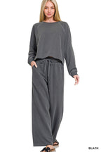 Zenana  Washed French Terry Round Neck Pullover & Pants Set Black