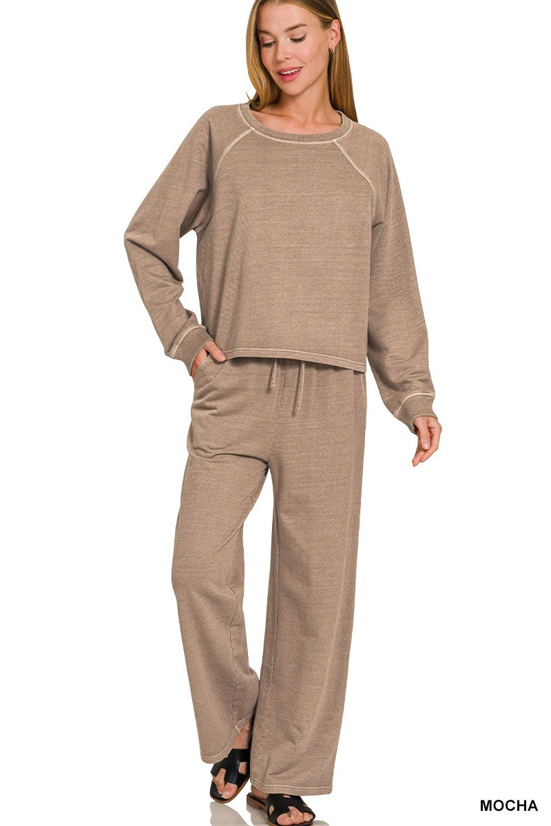Zenana  Washed French Terry Round Neck Pullover & Pants Set Black
