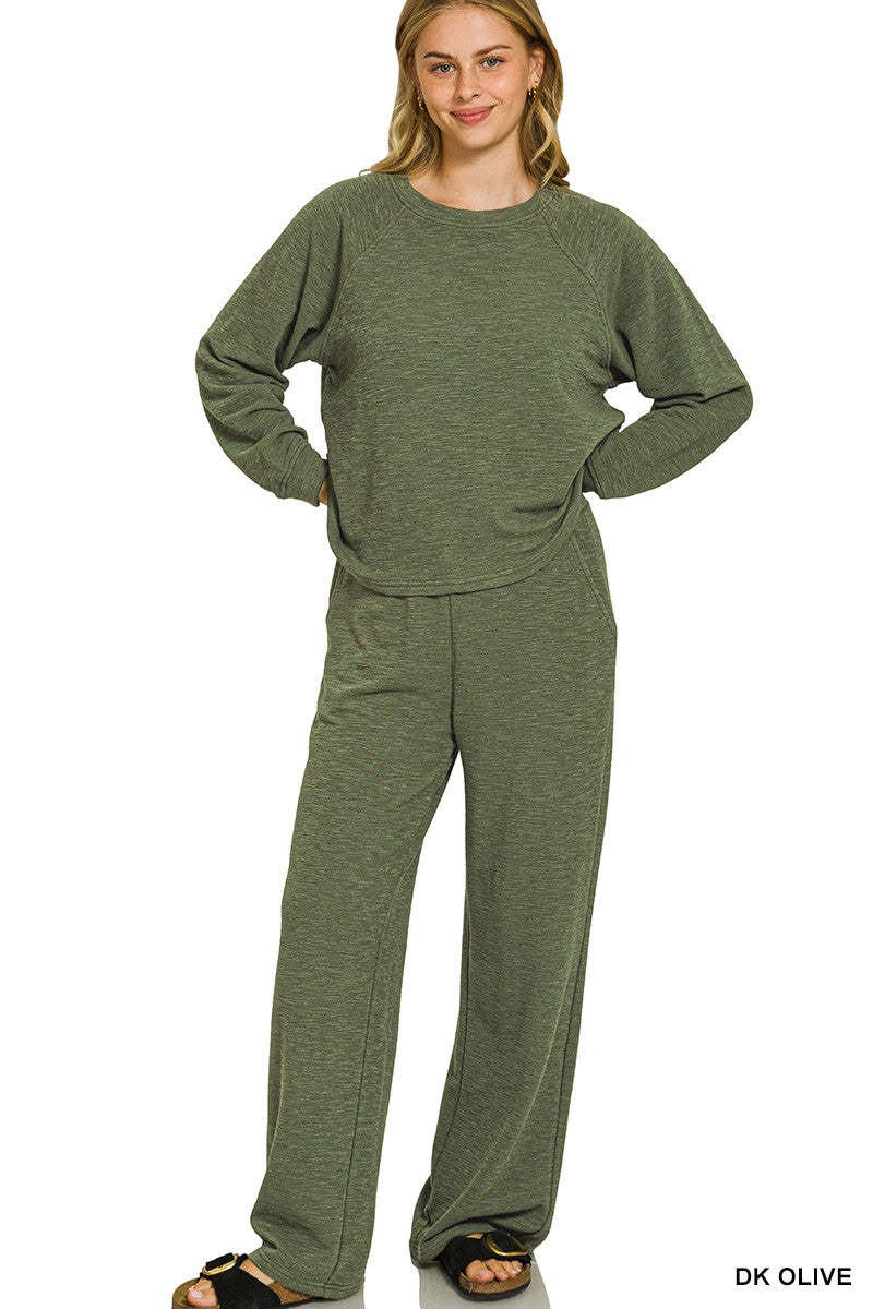 Zenana Slub Long Sleeve Top & Pants 2pcs Set 3473
