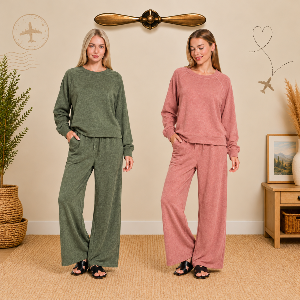 Zenana Slub Long Sleeve Top & Pants 2pcs Set 3473