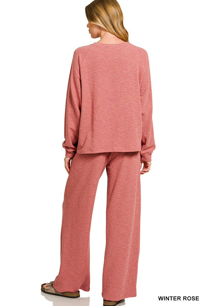Zenana Slub Long Sleeve Top & Pants 2pcs Set 3473