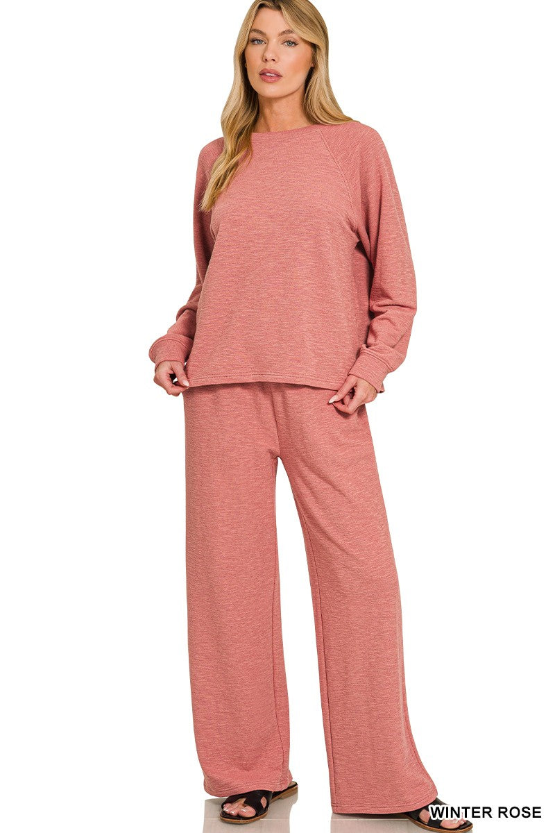 Zenana Slub Long Sleeve Top & Pants 2pcs Set 3473
