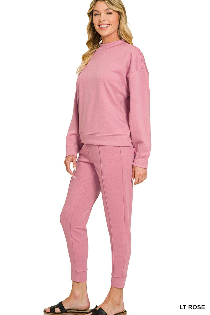 Zenana Scuba Mock Neck Pullover & Pintuck Joggers Set 4138