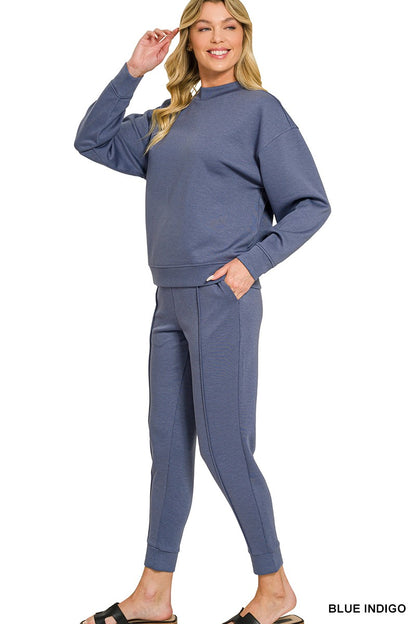 Zenana Scuba Mock Neck Pullover & Pintuck Joggers Set 4138