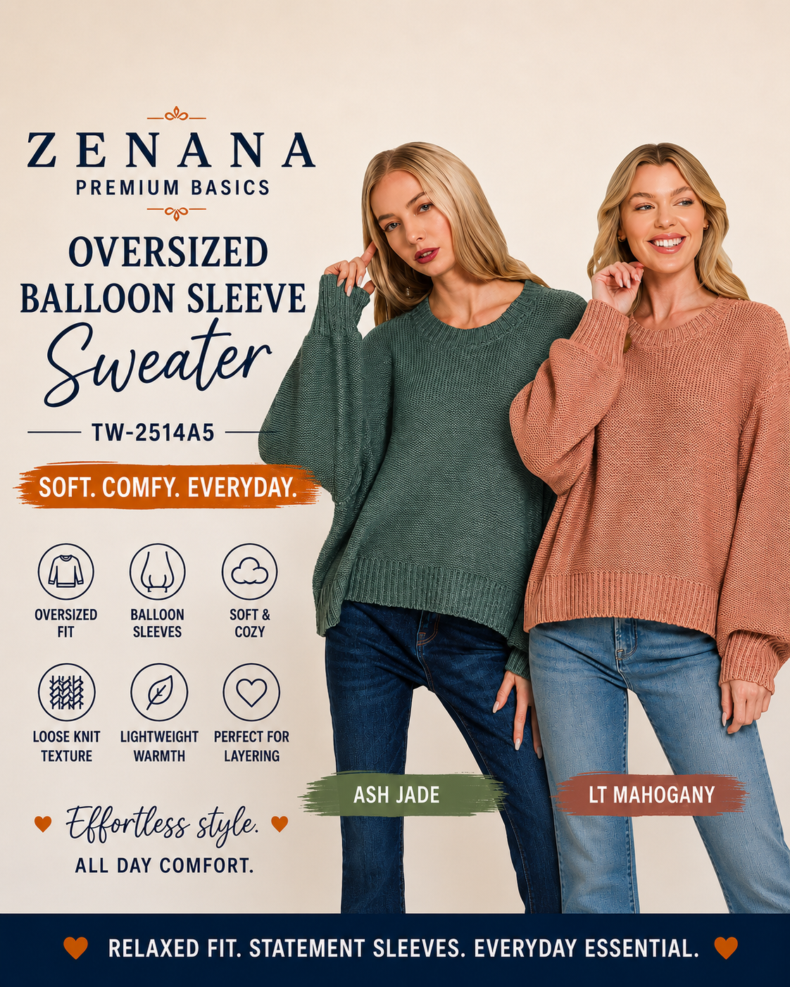 Zenana Oversized Baloon Sleeve Sweater 2514A5