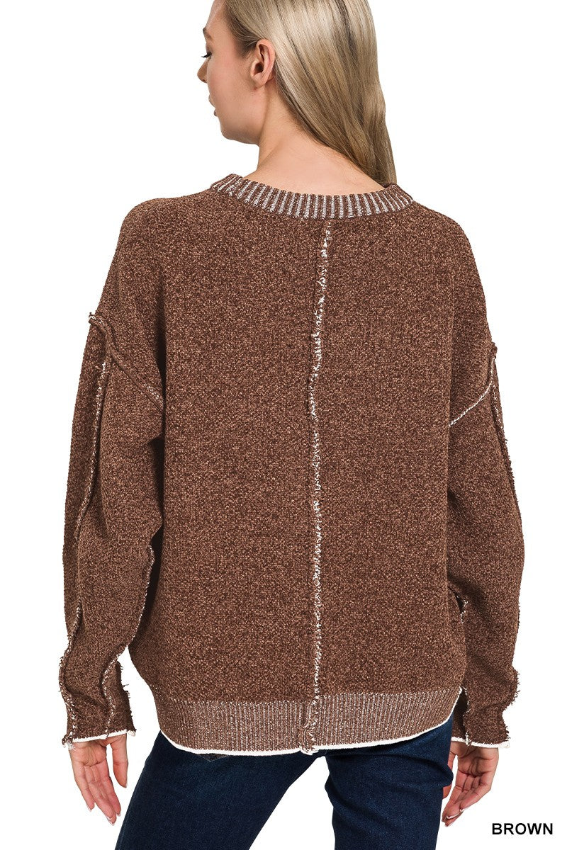 Zenana Exposed Seam Round Neck Sweater 2649A