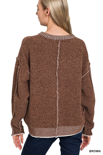 Zenana Exposed Seam Round Neck Sweater 2649A