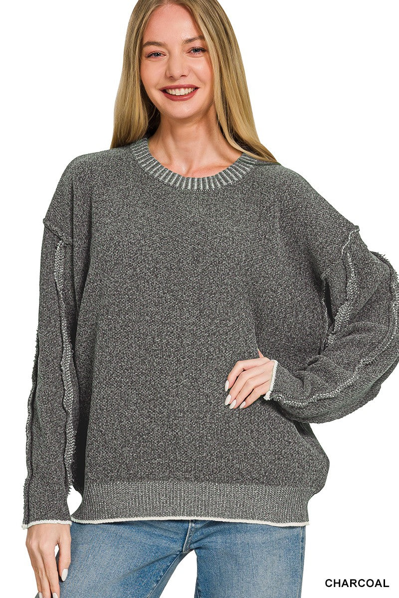 Zenana Exposed Seam Round Neck Sweater 2649A